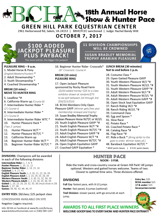 BCHA HORSE SHOW CLASS LIST